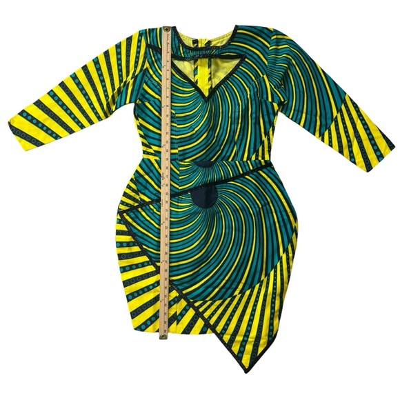 Asymmetrical African Print Yellow & Blue Long Sleeve Dress with Front Cutout - Picture 9 of 9